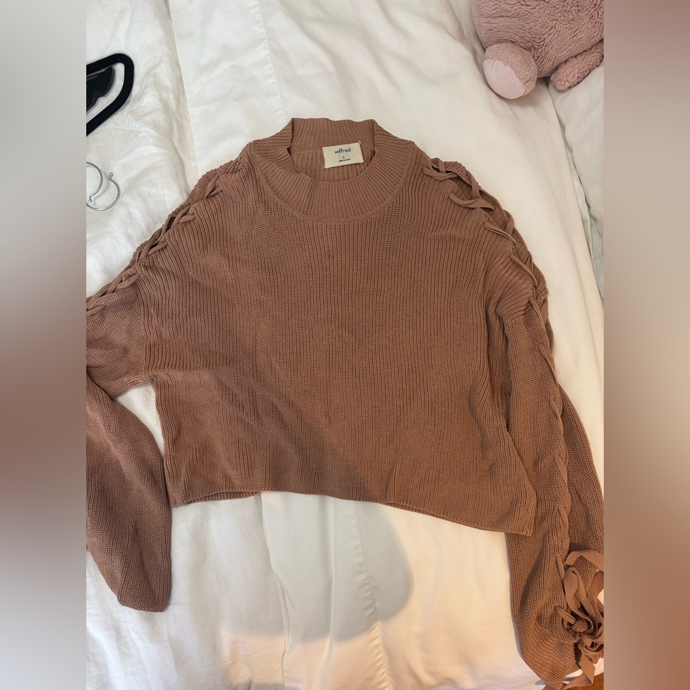 Aritzia Mauve Knit Sweater with Lace-Up Sleeves